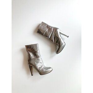 CASADEI Silver Croc-Embossed Leather Mid Calf Platform Mid Calf Boots, Size 6